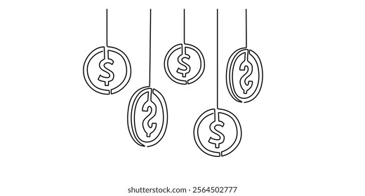 Hanging Dollar Coin continuous line drawing. Finance, business, and banking concept. One line minimalist vector illustration.