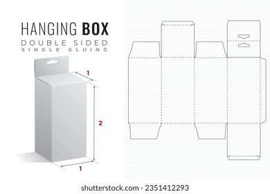 Hanging Double Sided Packaging Box Die Cut Double Height Single Width Template with 3D Preview - Black Blueprint Layout with Cutting and Scoring Lines on Background - Vector Draw Graphic Design