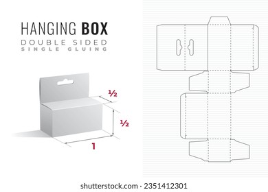 Hanging Double Sided Packaging Box Die Cut Half Height and Length Template with 3D Preview - Black Editable Blueprint Layout with Cutting and Scoring Lines on Striped Background - Vector Draw Design