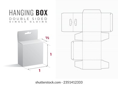 Hanging Double Sided Packaging Box Die Cut Half Length Single Height Template with 3D Preview -  Black Blueprint Layout with Cutting and Scoring Lines on Striped Background - Vector Draw Design