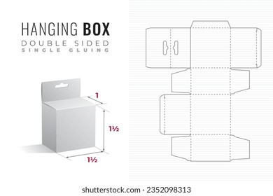 Hanging Double Sided Packaging Box Die Cut One and Half Height and Width Template with 3D Preview - Black Blueprint Layout with Cutting and Scoring Lines on Background - Vector Draw Graphic Design