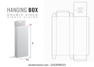 Hanging Double Sided Packaging Box Die Cut One and Half Width Triple Height Half Length Template with 3D Preview -  Blueprint Layout with Cutting and Scoring Lines on Background - Vector Draw Design