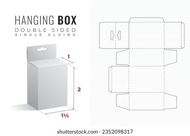 Hanging Double Sided Packaging Box Die Cut One and Half Width Double Height Template with 3D Preview -  Black Blueprint Layout with Cutting and Scoring Lines on Background - Vector Draw Graphic Design