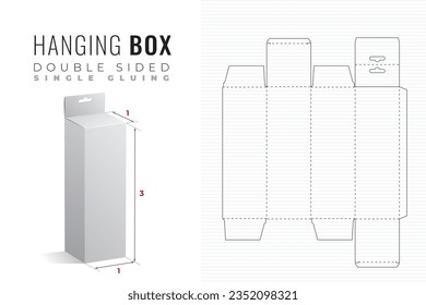 Hanging Double Sided Packaging Box Die Cut Triple Height Single Width Template with 3D Preview - Black Blueprint Layout with Cutting and Scoring Lines on Background - Vector Draw Graphic Design