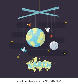 hanging earth, moon and star. come with outer space icon. planet earth concept - vector illustration