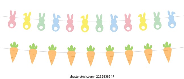 Hanging Easter bunnies and carrots garlands, vector illustration