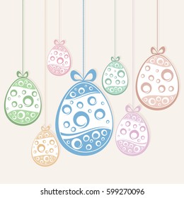 Hanging Easter color eggs on white. Ornament for holiday design. Vector illustration.