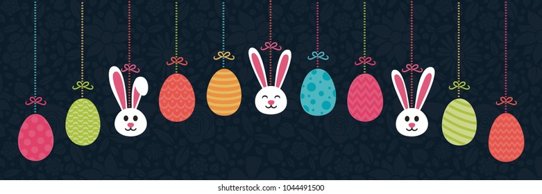 Hanging Easter decoration with bunnies and eggs. Vector.