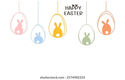 Hanging Easter egg with bunny rabbit cartoons icon signs and hand written fonts isolated on white background vector.