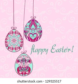 Hanging easter eggs. Card with inscription Happy Easter