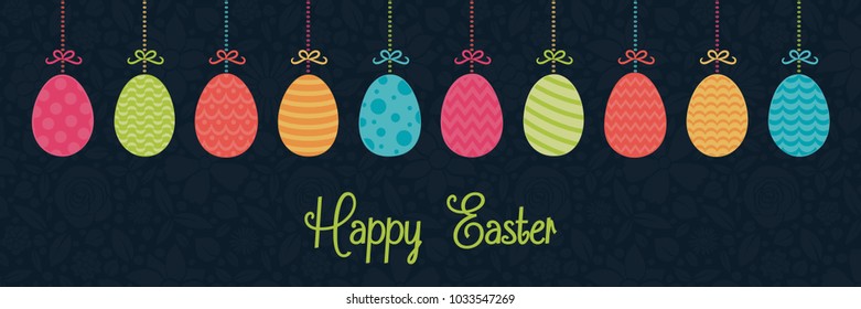Hanging Easter eggs - colorful decoration with greetings. Vector.