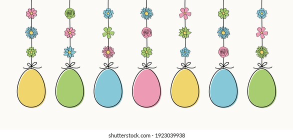Huevos colgantes de Pascua. Cartel colorido. Vector