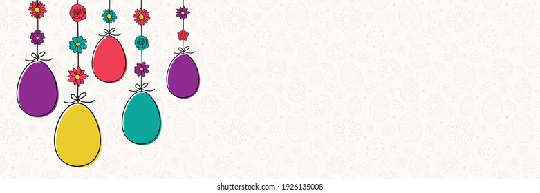 Huevos colgantes de Pascua. Cartel colorido. Vector