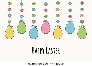Hanging Easter eggs. Colourful greeting card. Vector