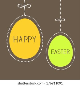 Hanging easter eggs with dash line and bow. Brown background. Vector illustration.