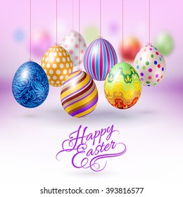 Hanging Easter Eggs with Different Ornaments. Illustration for Creative Design