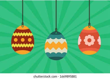 Hanging Easter Eggs with Different Ornaments.Easter background with hanging on the ropes patterned eggs. Illustration for Creative Design