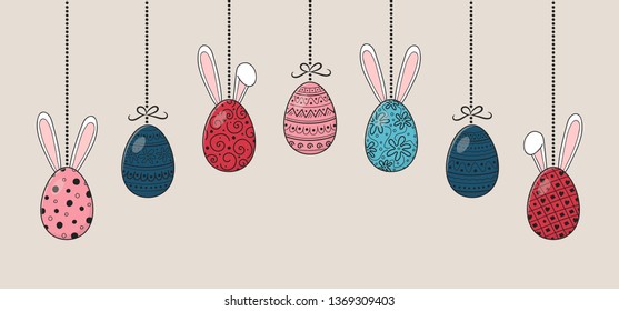 Hanging Easter eggs with funny bunny ears. Vector