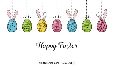 Hanging Easter eggs with funny bunny ears and wishes. Vector