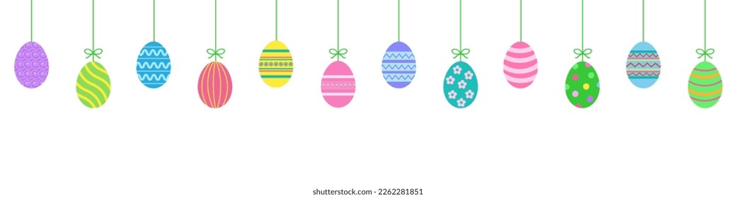 Hanging easter eggs garland.Set of simple colorful eggs. Happy Easter seamless pattern or border. Easter decoration.Easter eggs seamless border.