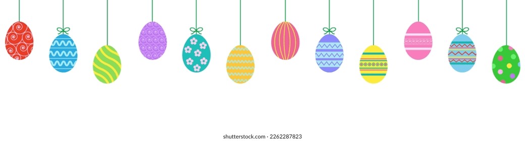 Hanging easter eggs garland.Set of simple colorful eggs. Happy Easter seamless pattern or border. Easter decoration.Easter eggs seamless border.