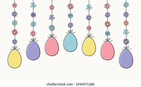 Huevos colgantes de Pascua. Decoración dibujada a mano. Vector