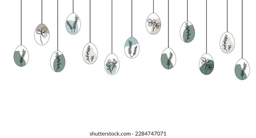 Hanging Easter eggs in modern design with floral decor. Space for Easter greetings.