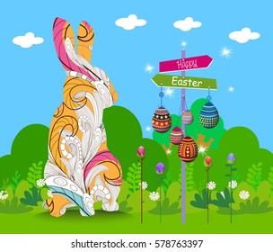 Hanging easter eggs ornament with doodle bunny card