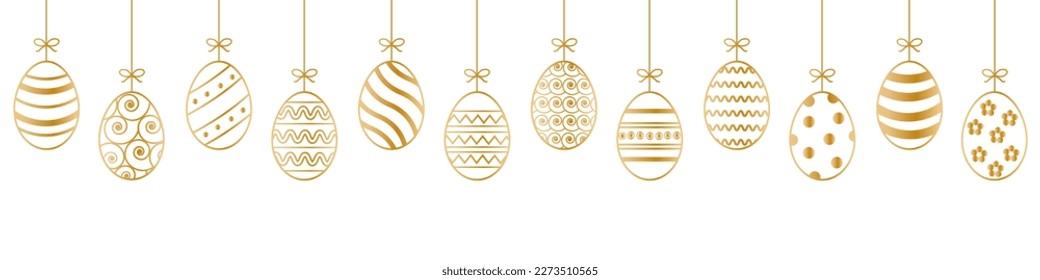 Hanging easter eggs seamless border .Set of simple colorful eggs. Happy Easter seamless pattern or border. Easter decoration with painted eggs