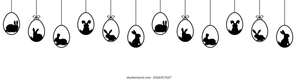 Hanging easter eggs seamless border .Set of simple colorful eggs with bunnies. Happy Easter seamless pattern or border. Easter decoration with painted eggs