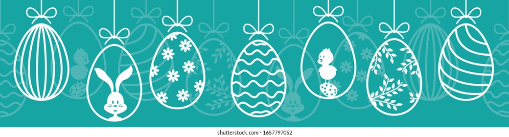 Hanging easter eggs seamless pattern banner blue white