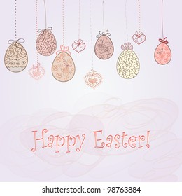 hanging Easter eggs, vector hand drawn greeting card stylized as childish drawing