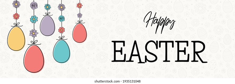 Hanging Easter eggs with wishes. Hand drawn decoration. Panoramic header. Vector