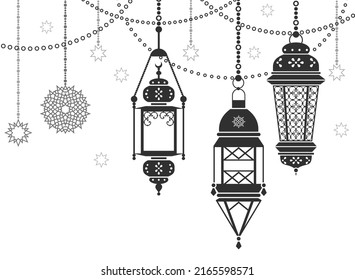 Hanging eastern lantern. Decorative festival light border