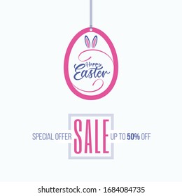 Hanging egg shaped easter sale label template. Easter banner design.