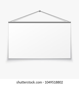 Hanging empty billboard or banner. Vector illustration. Blank board hanging on the white wall.