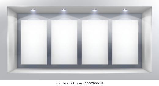 Hanging empty frames in display window. Empty space for exhibition. Vector illustration.