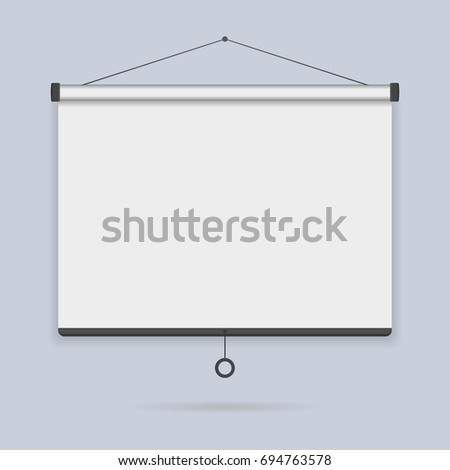 Hanging empty projection screen on the wall background icon. Template presentation board, blank whiteboard for conference and projects. Vector illustration