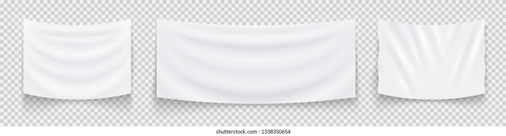 Hanging Empty White Flags, Set Of White Textile Banners. Blank Flag Template. Vector Illustration.-- Vector