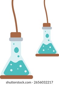 Hängende Erlenmeyerkolben mit Flüssigkeit, Cartoon-Stil, einzeln auf Weiß, perfekt für wissenschaftliche, kreative und pädagogische Designprojekte.