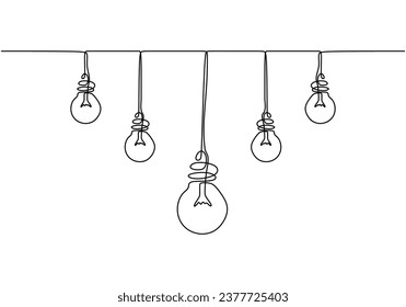 Hanging extinct light bulbs with knot tangled cable and one glowing with straight cord. Concept of idea and choosing successful idea from many failed ones.