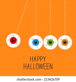 Hanging eyeballs with bloody streaks. . Perpetual motion. Happy Halloween orange card. Flat design style. Vector illustration