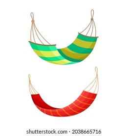 Hanging fabric hammocks set. Rope swing for beach or summer outdoor recreation vector illustration