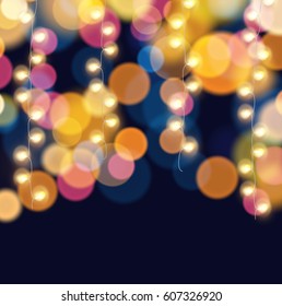 Hanging Fairy Lights On Colorful Light Bokeh Background