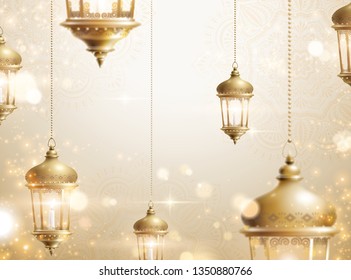 Hanging fanoos on arabesque background in golden tone