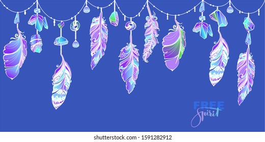 Hanging feathers and crystals in aztec style. Colorful set of ethnic decorative feathers and gems. Abstract boho elements isolated on  blue background. Hand drawn Seamless border. Vector illustration.
