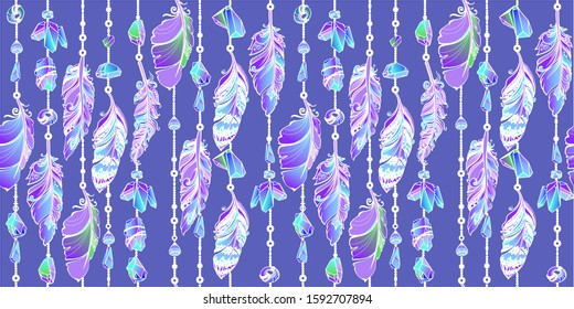 Hanging feathers and crystals in aztec style. Colorful set ethnic decorative feathers and gems. Abstract boho elements isolated on  blue background. Hand drawn Seamless border. Vector illustration.