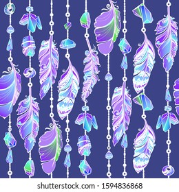 Hanging feathers and crystals in aztec style. Colorful set of ethnic decorative feathers and gems. Abstract boho elements isolated on  blue background. Hand drawn Seamless border. Vector illustration.