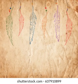 Hanging Feathers On The Old Paper Background. Vector Illustration