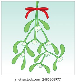 Hanging Festive Bouquet of Mistletoe with a Red Ribbon Bow on a cool background